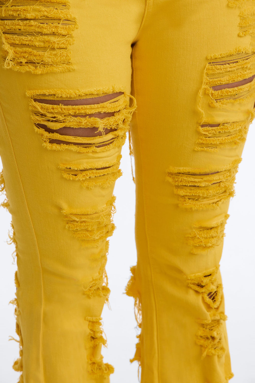 End Of Summer Ripped High Rise Flare Leg Jeans - Mustard