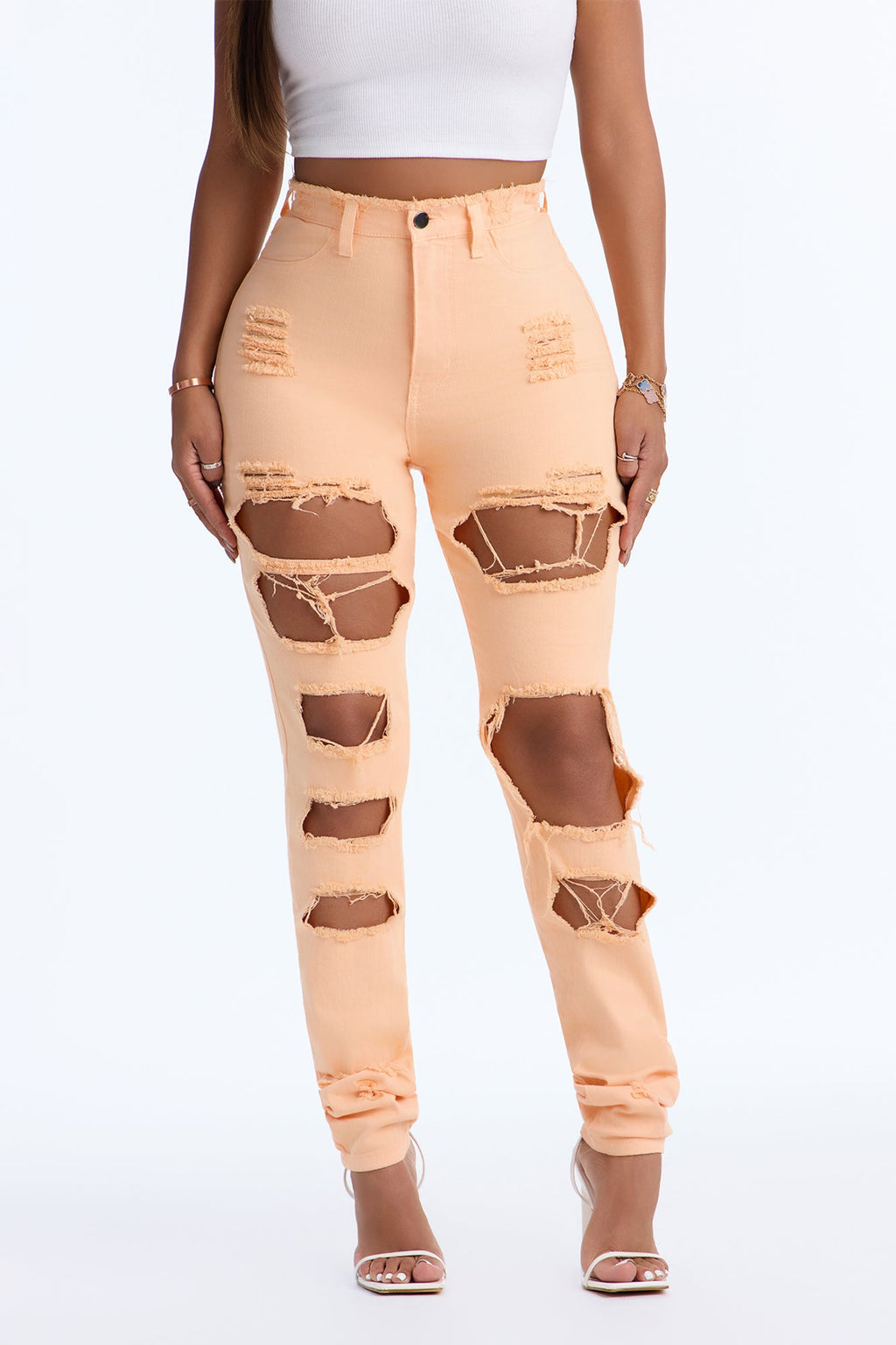 Not My Problem High Rise Destroyed Skinny Jeans - Peach
