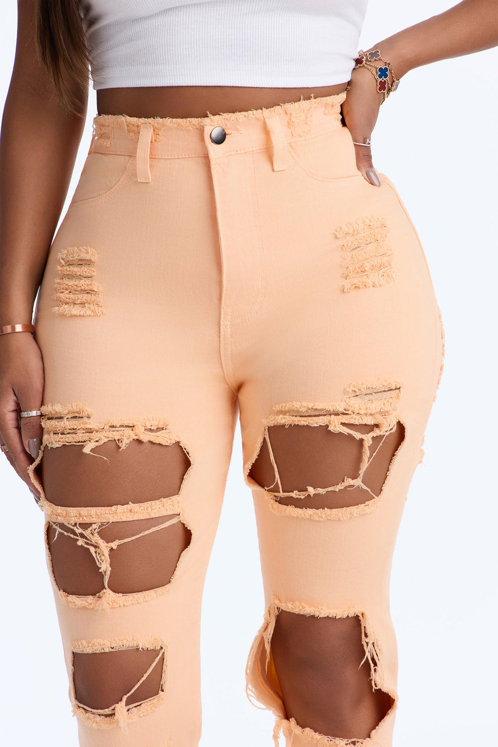 Not My Problem High Rise Destroyed Skinny Jeans - Peach