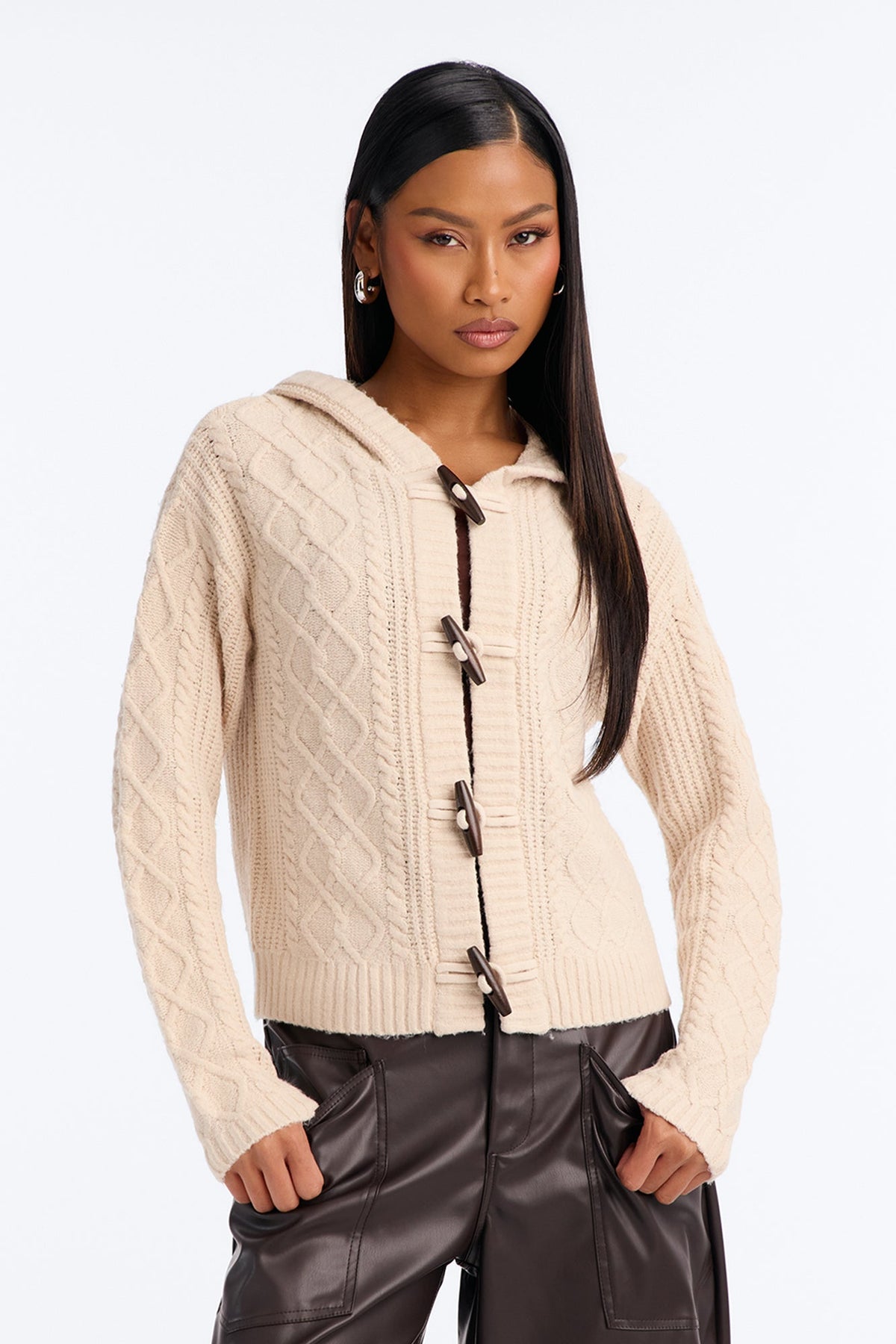 Sloane Cable Knit Hooded Cardigan - Oatmeal