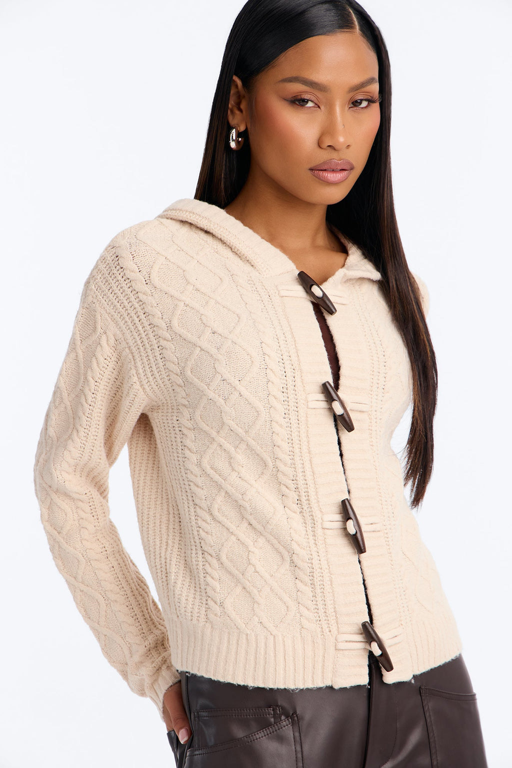 Sloane Cable Knit Hooded Cardigan - Oatmeal