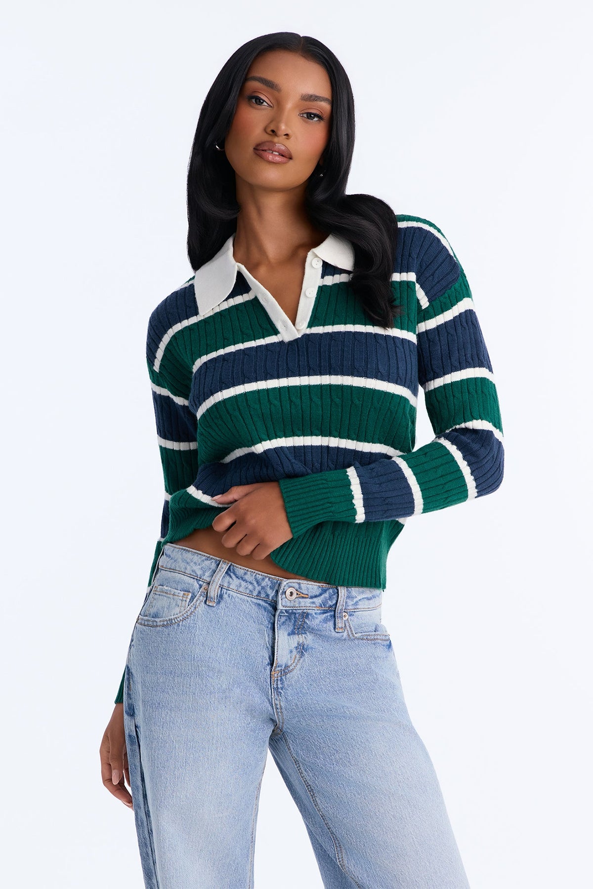 Gia Cable Knit Long Sleeve Polo Sweater - Green/combo