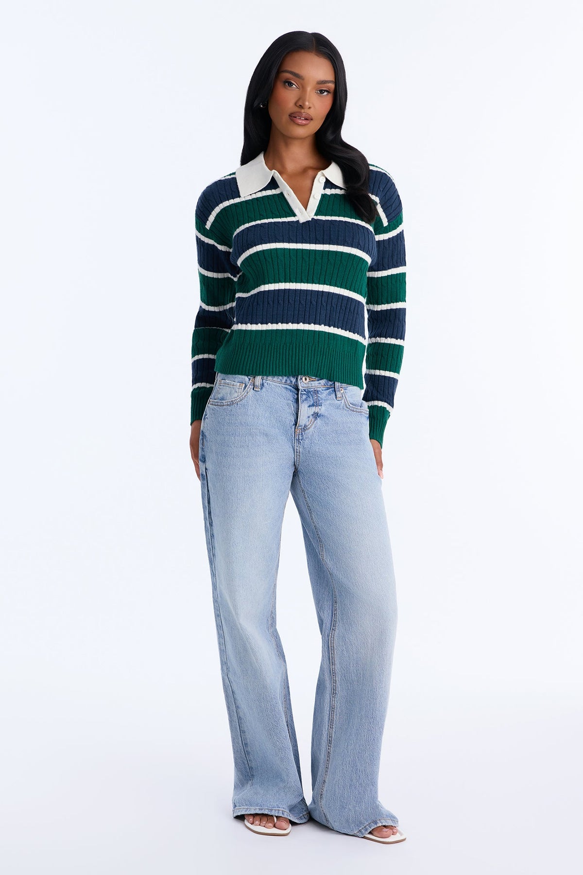 Gia Cable Knit Long Sleeve Polo Sweater - Green/combo