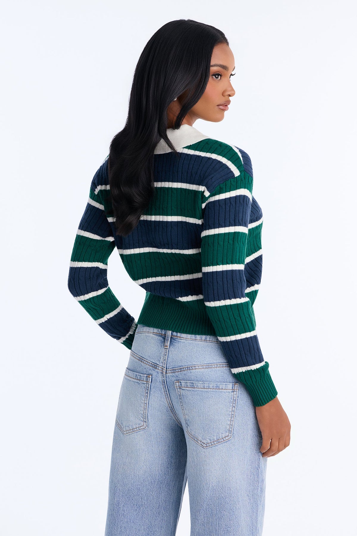 Gia Cable Knit Long Sleeve Polo Sweater - Green/combo