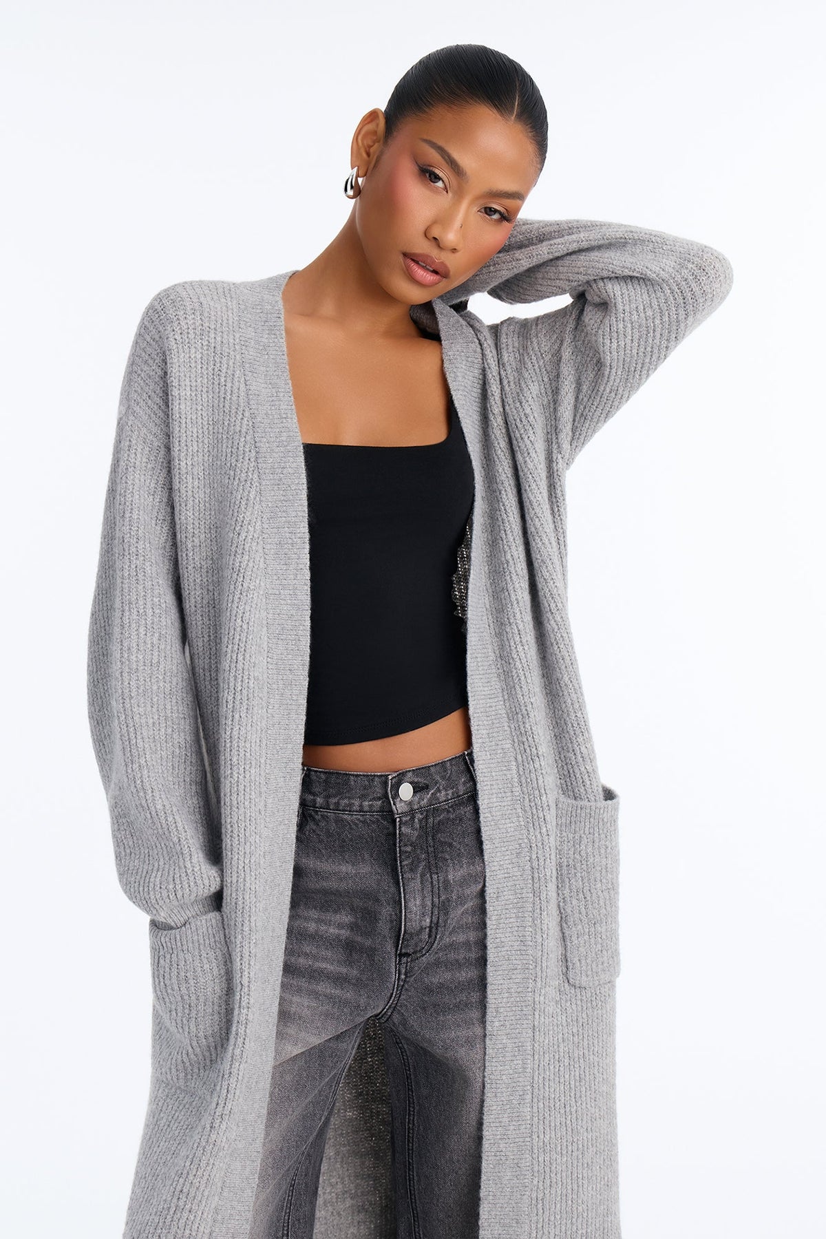 Camilla Long Sleeve Ribbed Cardigan - HeatherGrey