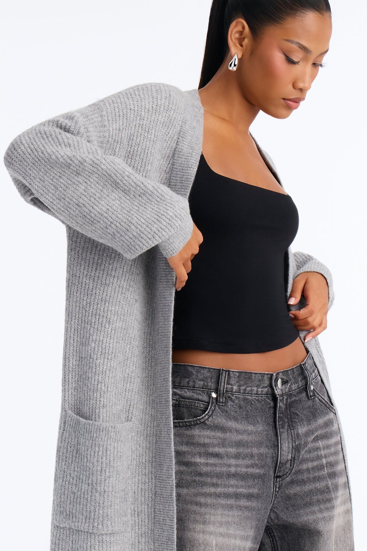 Camilla Long Sleeve Ribbed Cardigan - HeatherGrey