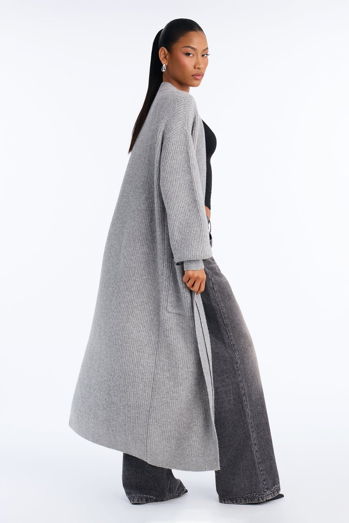 Camilla Long Sleeve Ribbed Cardigan - HeatherGrey