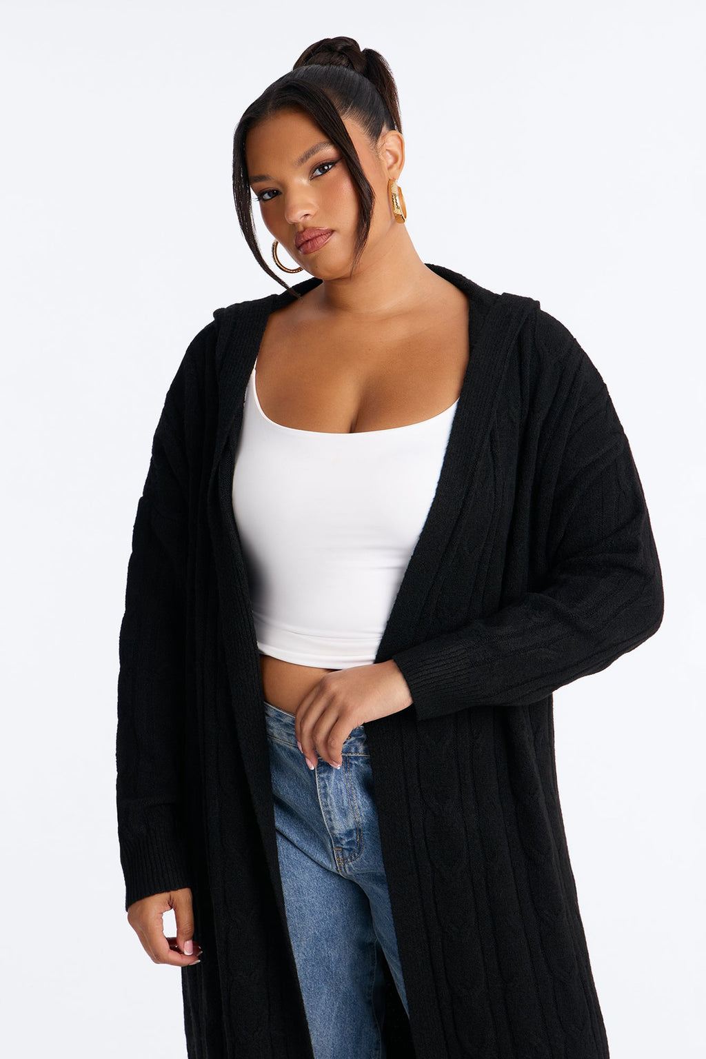 Chilly But Cute Hooded Long Cardigan - Black