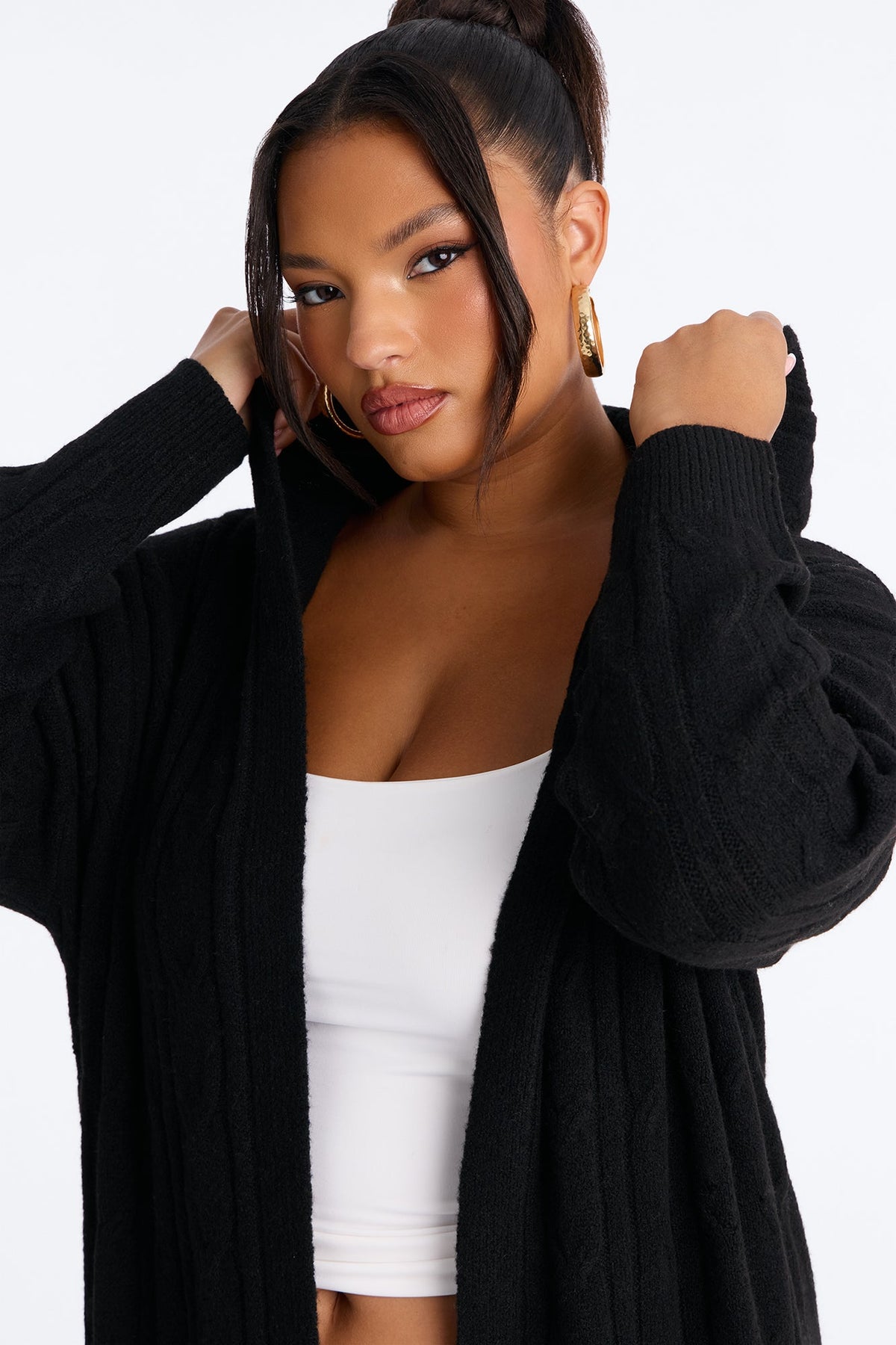 Chilly But Cute Hooded Long Cardigan - Black