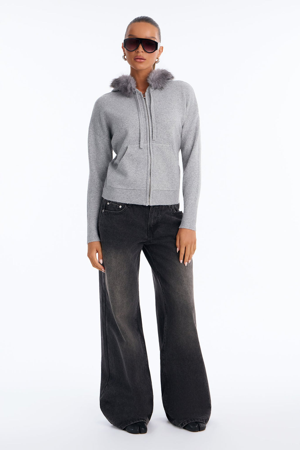 Veronica Faux Fur Hooded Sweater - Heather Grey