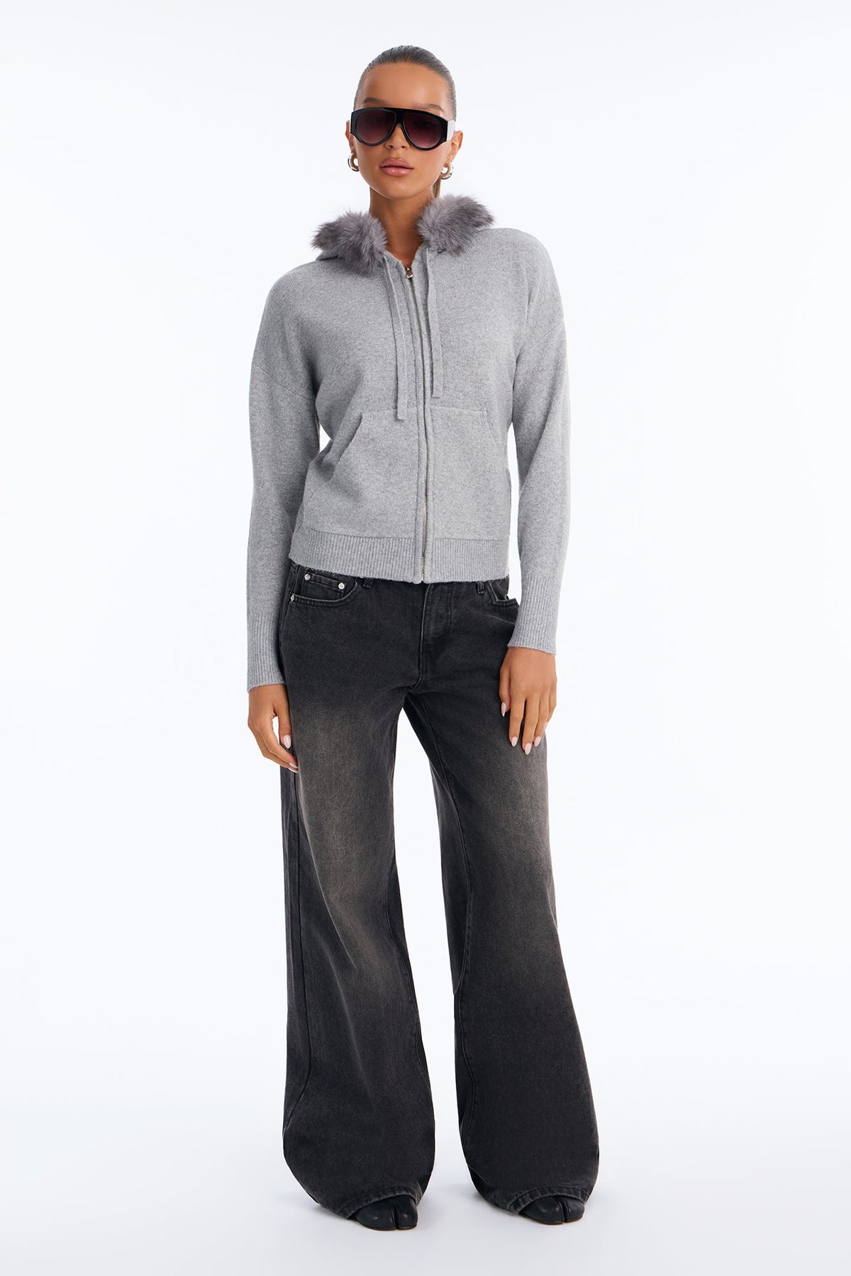 Veronica Faux Fur Hooded Sweater - Heather Grey