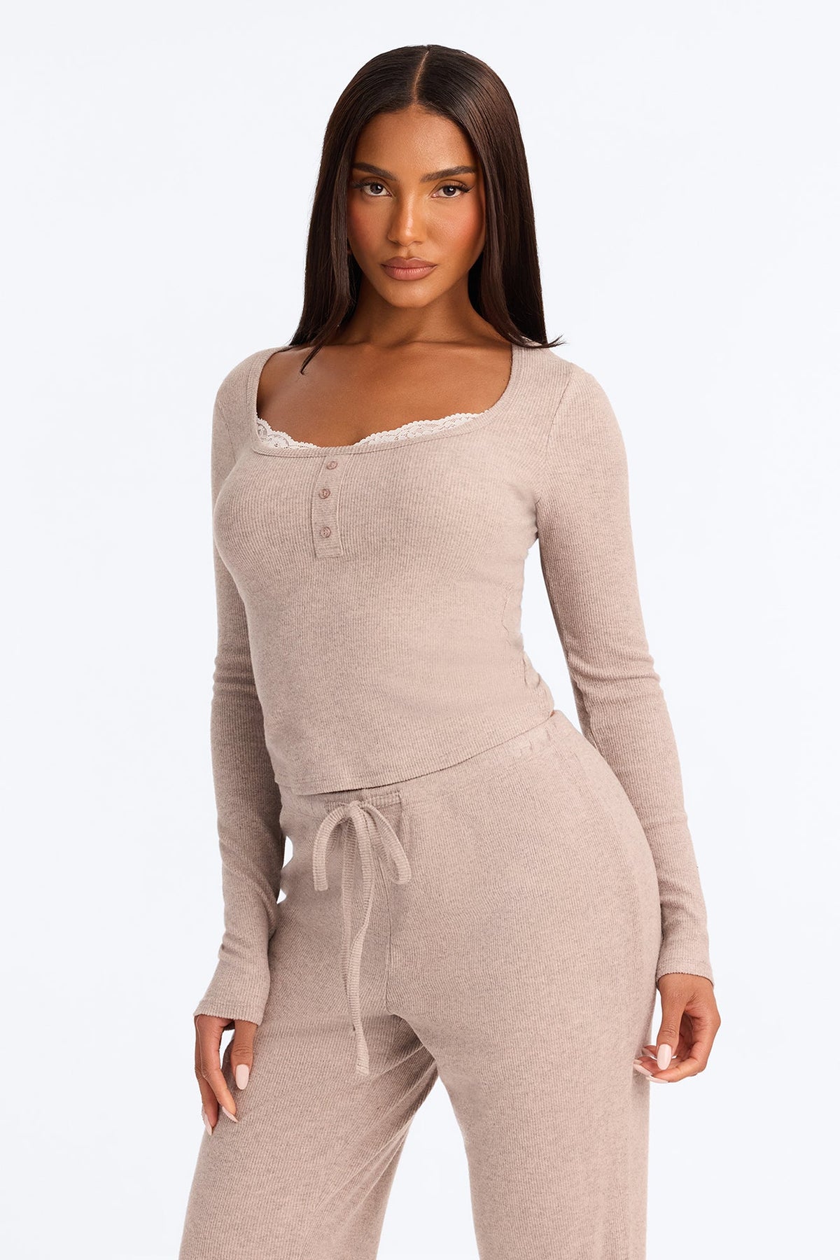 Lace Lounge Pant Set - Oatmeal
