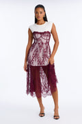 Tatiana Lace Shirt Midi Dress - Burgundy/combo