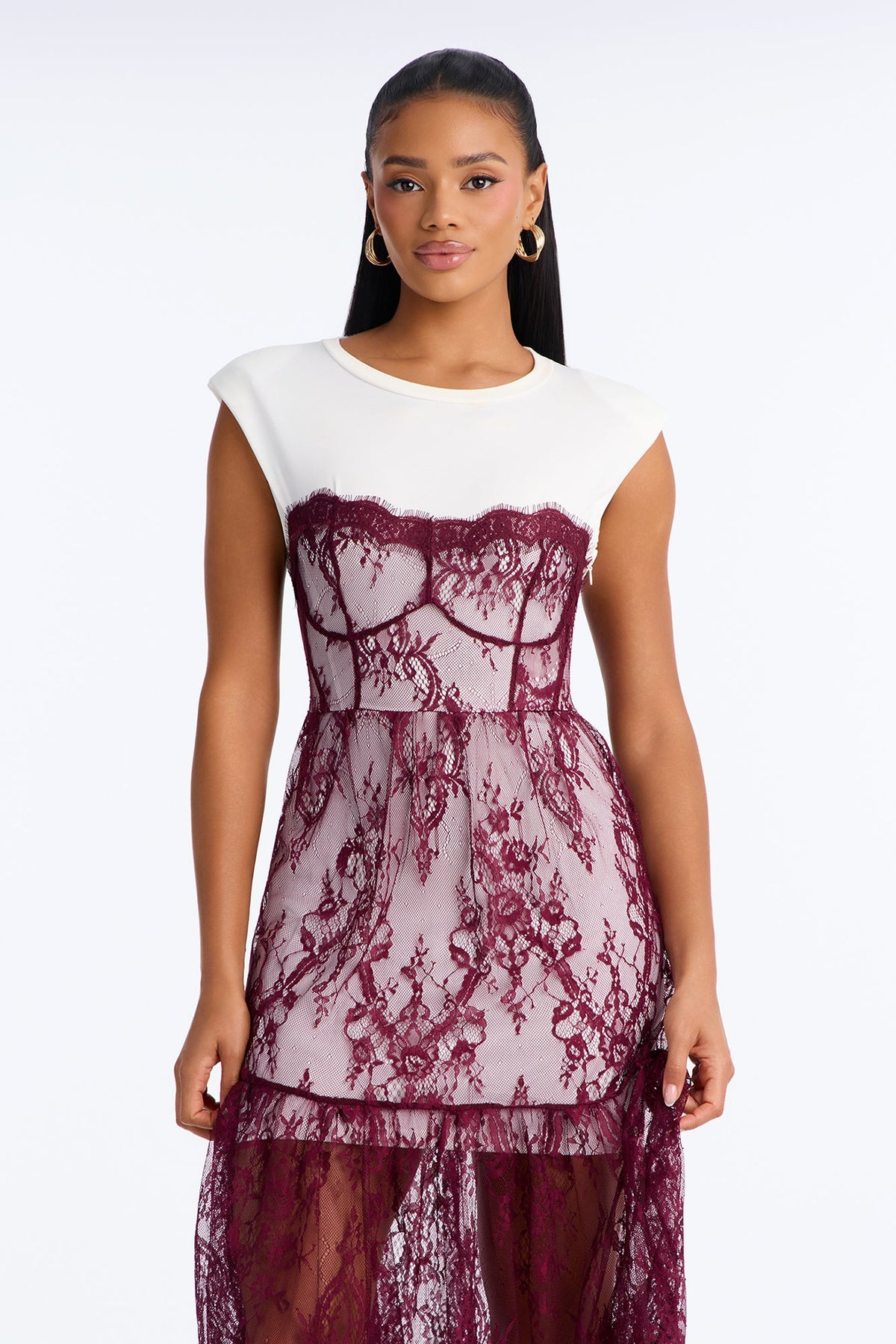 Tatiana Lace Shirt Midi Dress - Burgundy/combo