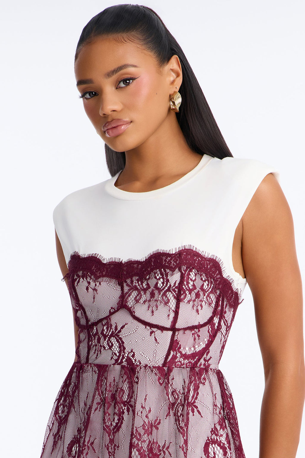 Tatiana Lace Shirt Midi Dress - Burgundy/combo