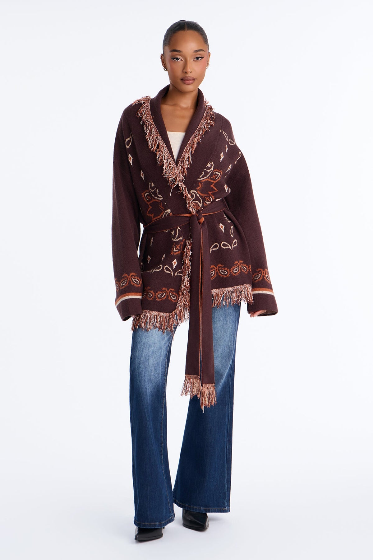 Aspen Jacquard Fringe Cardigan - Brown Combo