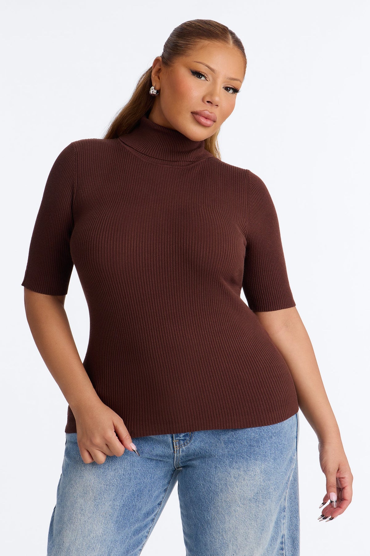 Tara Turtle Neck Elbow Sleeve Sweater - Chocolate