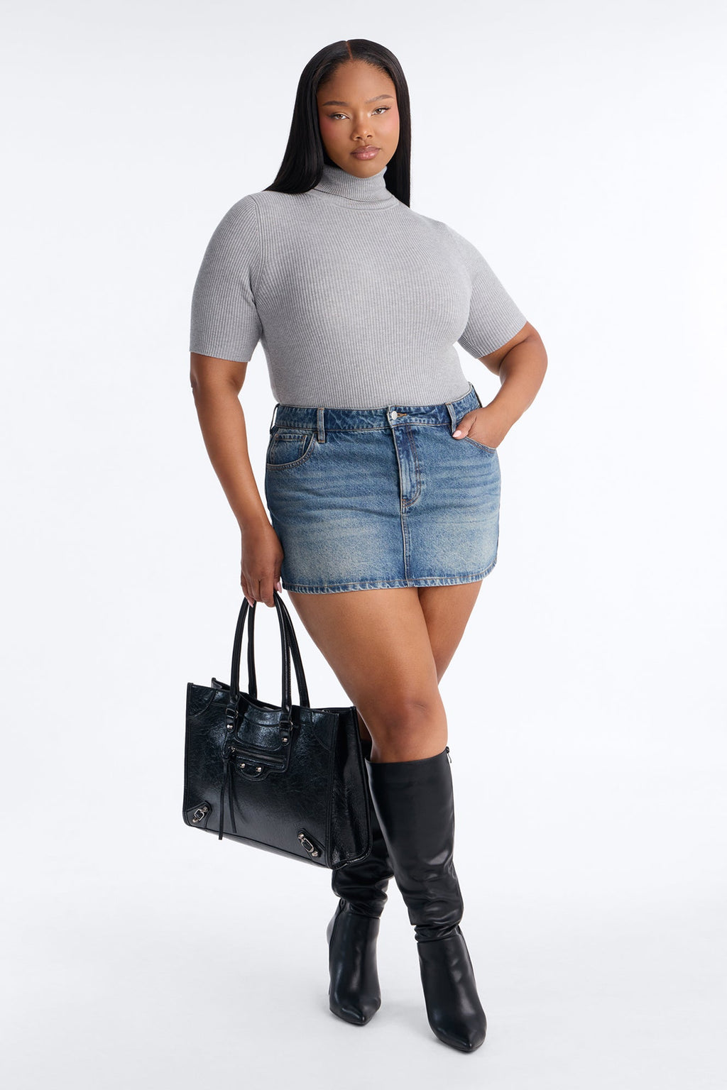 Tara Turtle Neck Elbow Sleeve Sweater - Heather Grey
