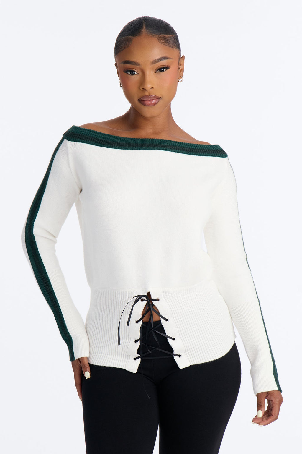 All You Need Off Shoulder Lace Up Sweater Top - Green/combo