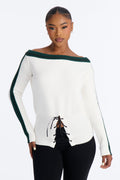 All You Need Off Shoulder Lace Up Sweater Top - Green/combo