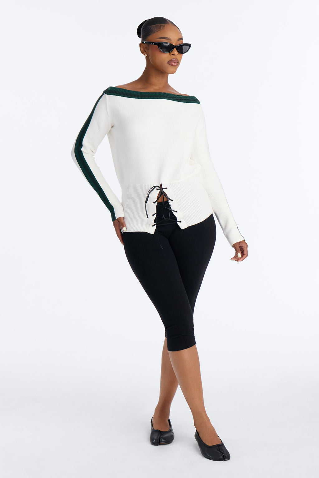 All You Need Off Shoulder Lace Up Sweater Top - Green/combo