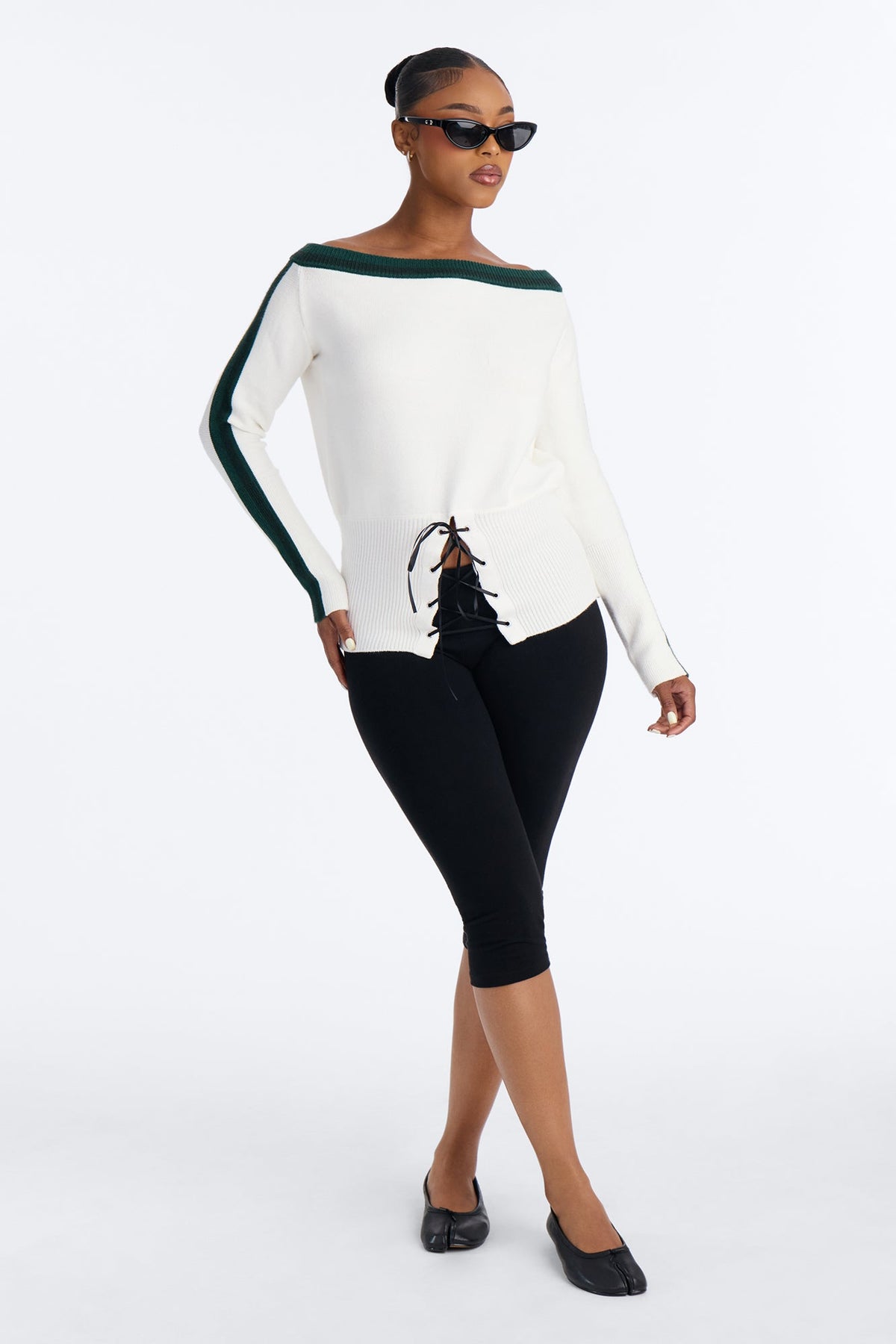 All You Need Off Shoulder Lace Up Sweater Top - Green/combo