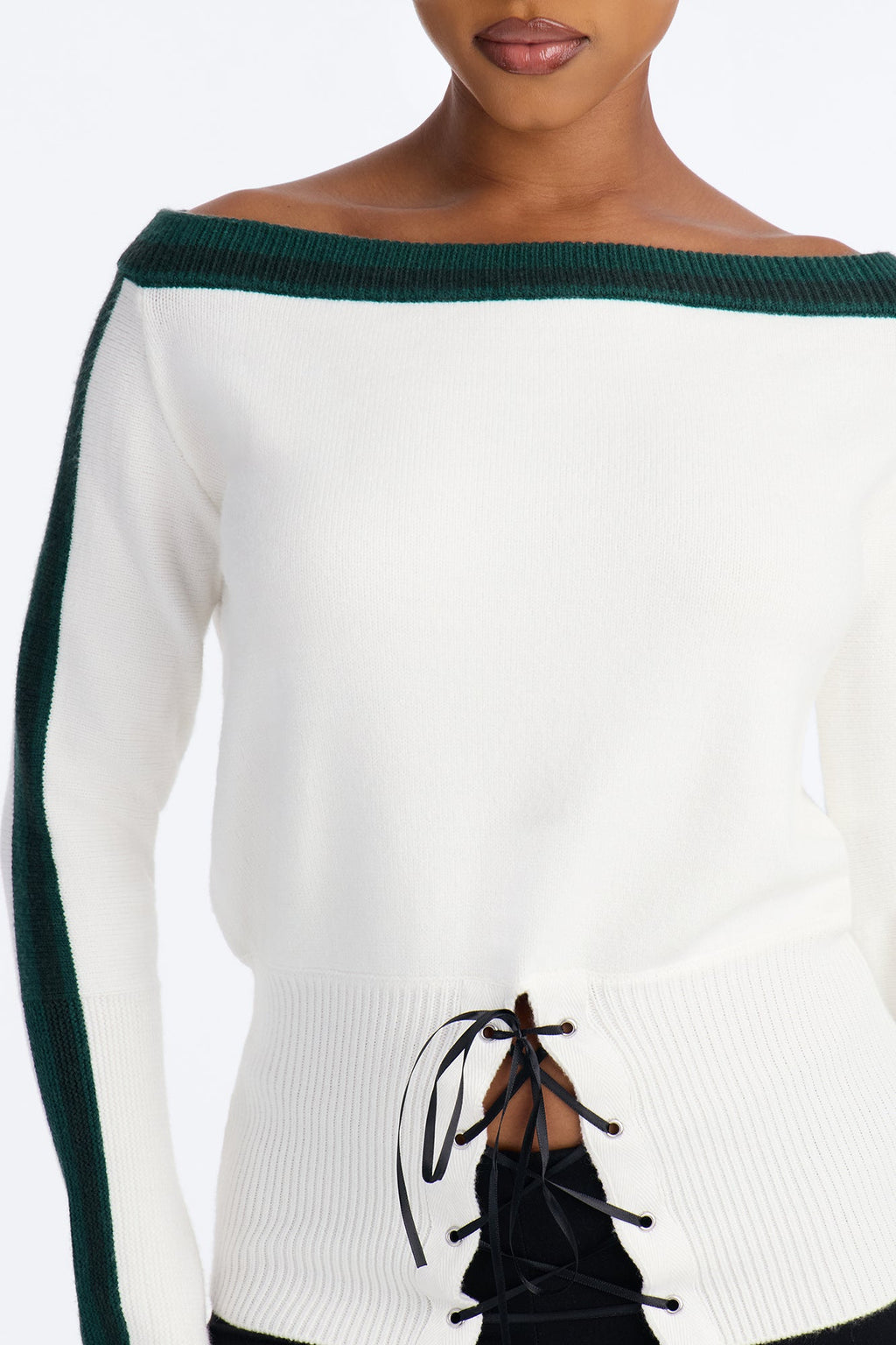 All You Need Off Shoulder Lace Up Sweater Top - Green/combo