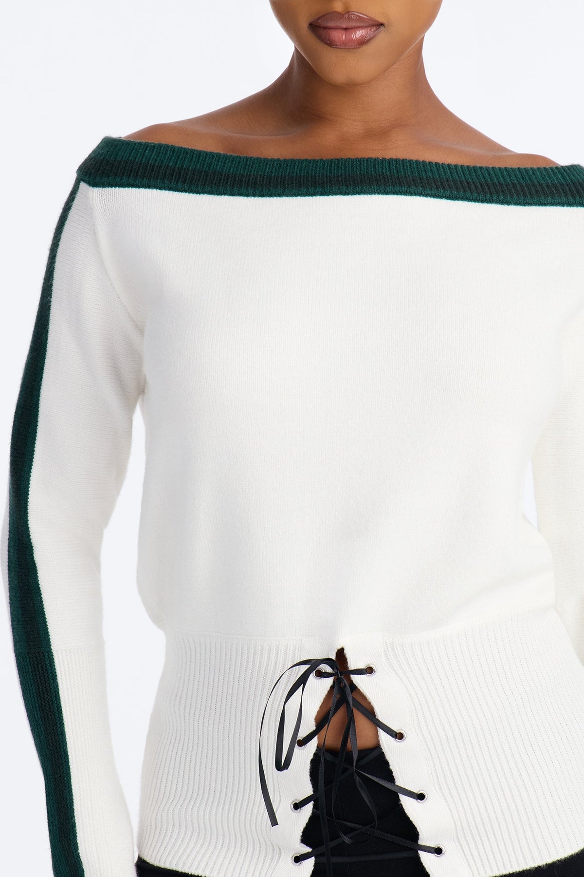 All You Need Off Shoulder Lace Up Sweater Top - Green/combo
