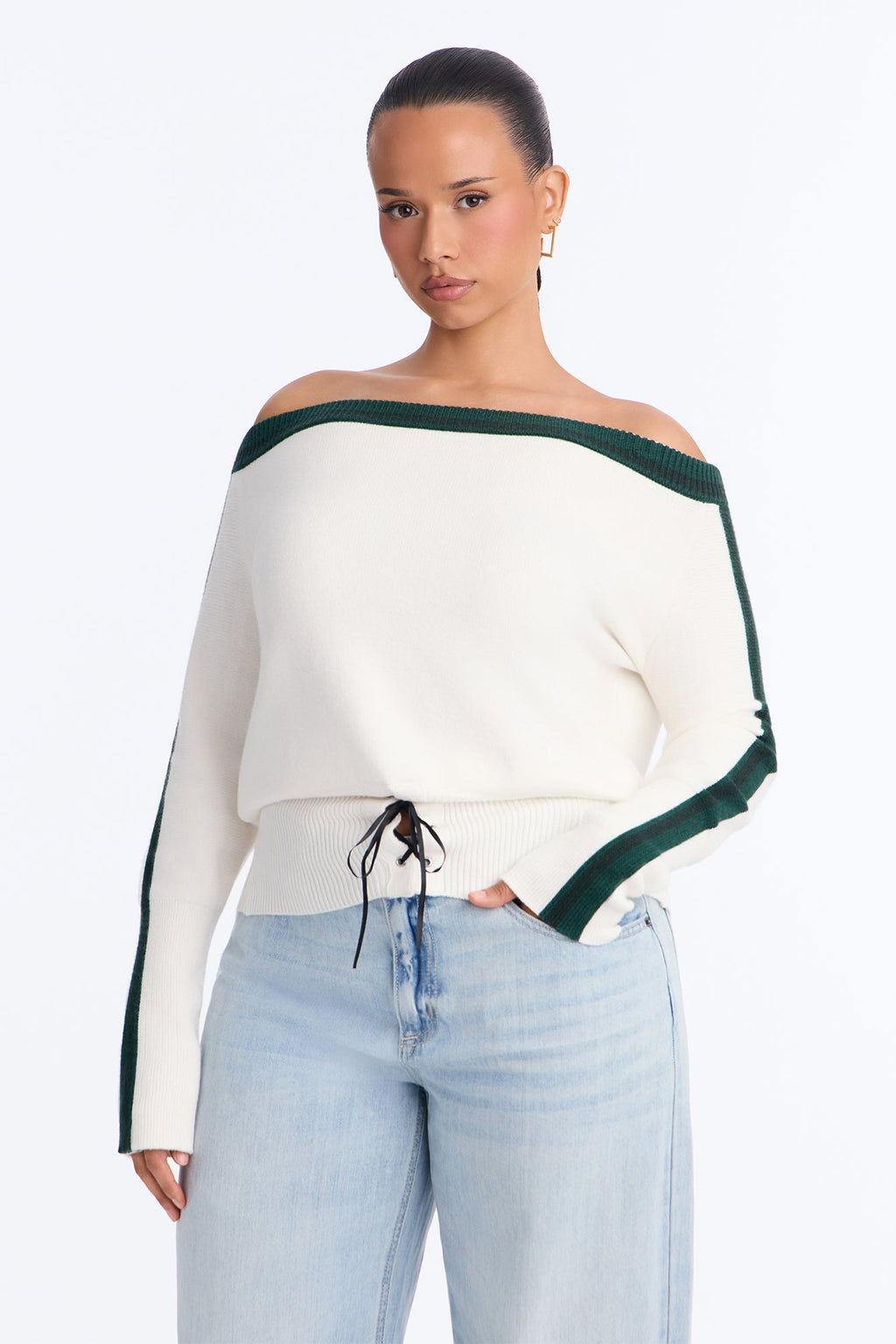 All You Need Off Shoulder Lace Up Sweater Top - Green/combo