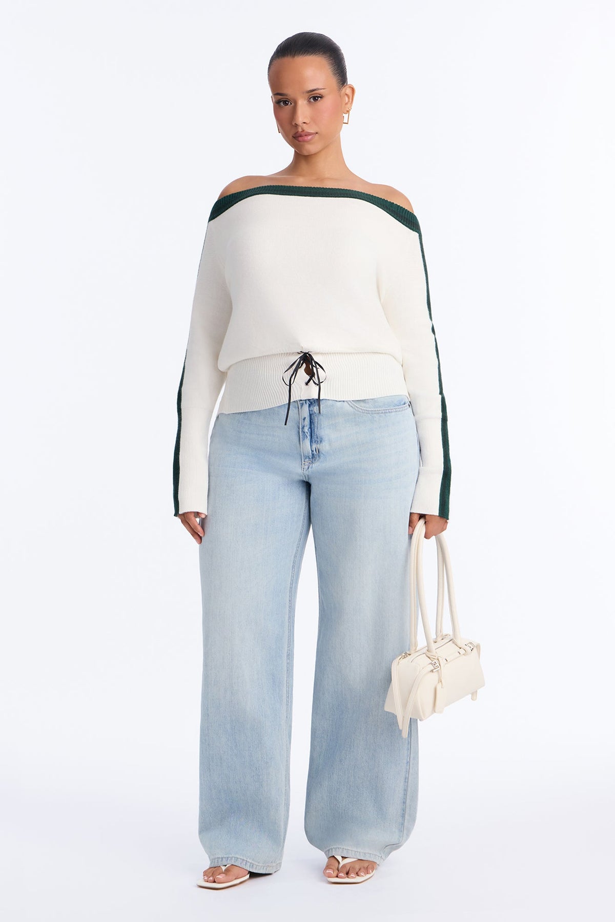 All You Need Off Shoulder Lace Up Sweater Top - Green/combo