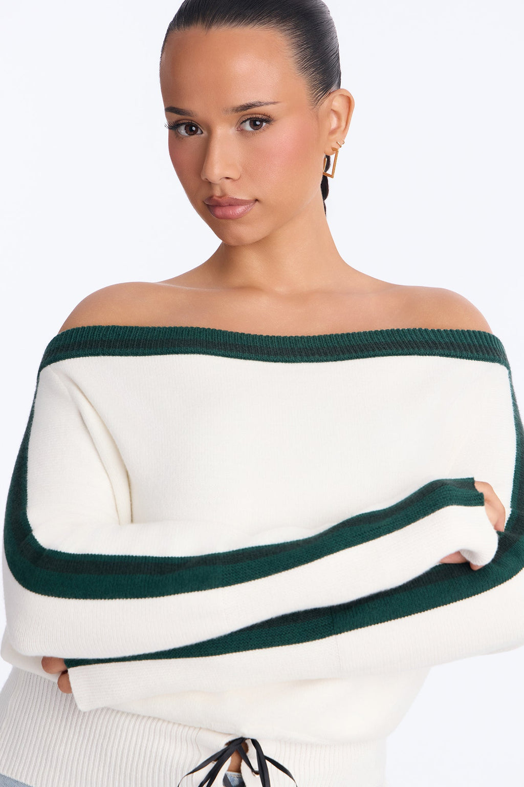 All You Need Off Shoulder Lace Up Sweater Top - Green/combo