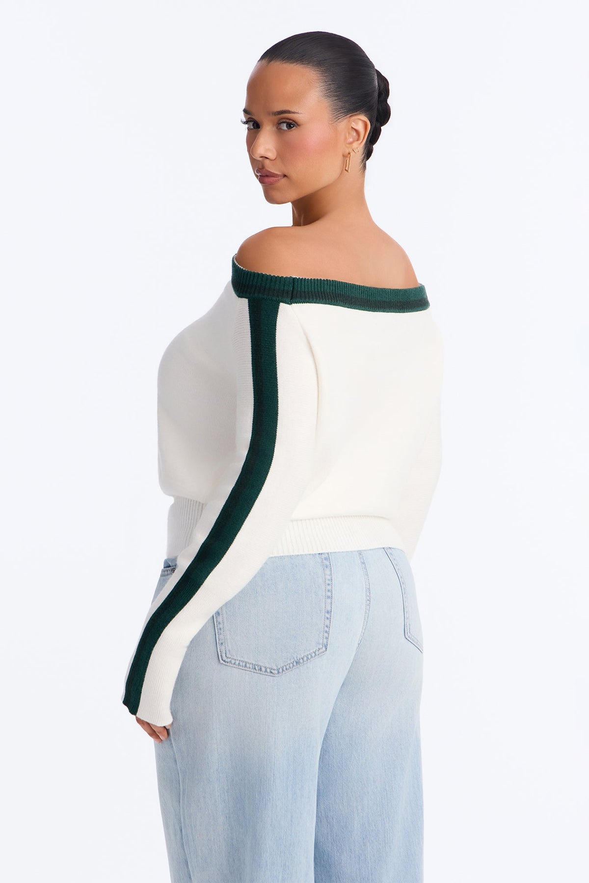 All You Need Off Shoulder Lace Up Sweater Top - Green/combo