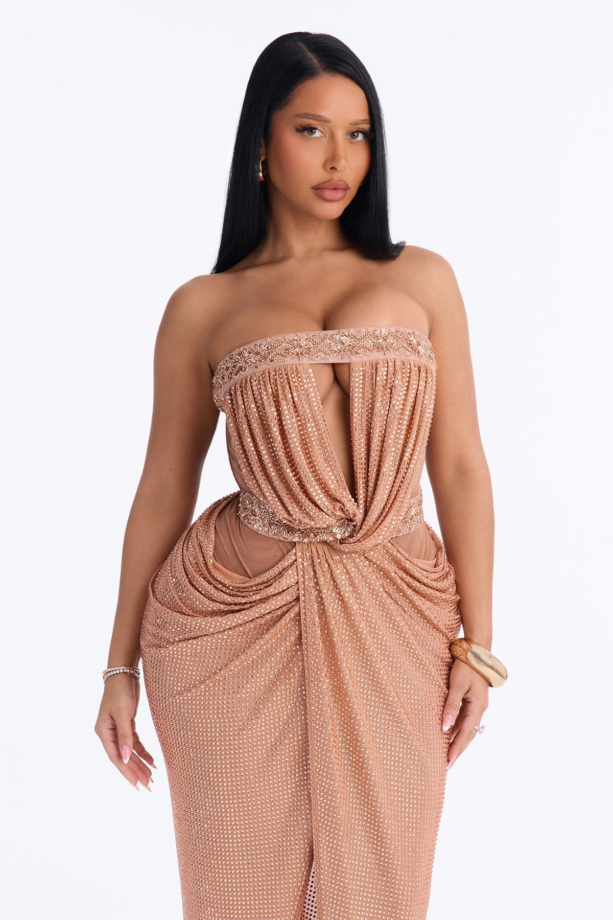 Fiona Rhinestone Strapless Maxi Dress - Rose Gold