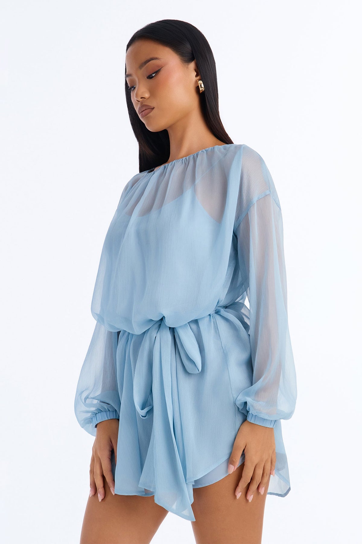 Ayla Long Sleeve Tie Front Chiffon Mini Dress - Dusty Blue