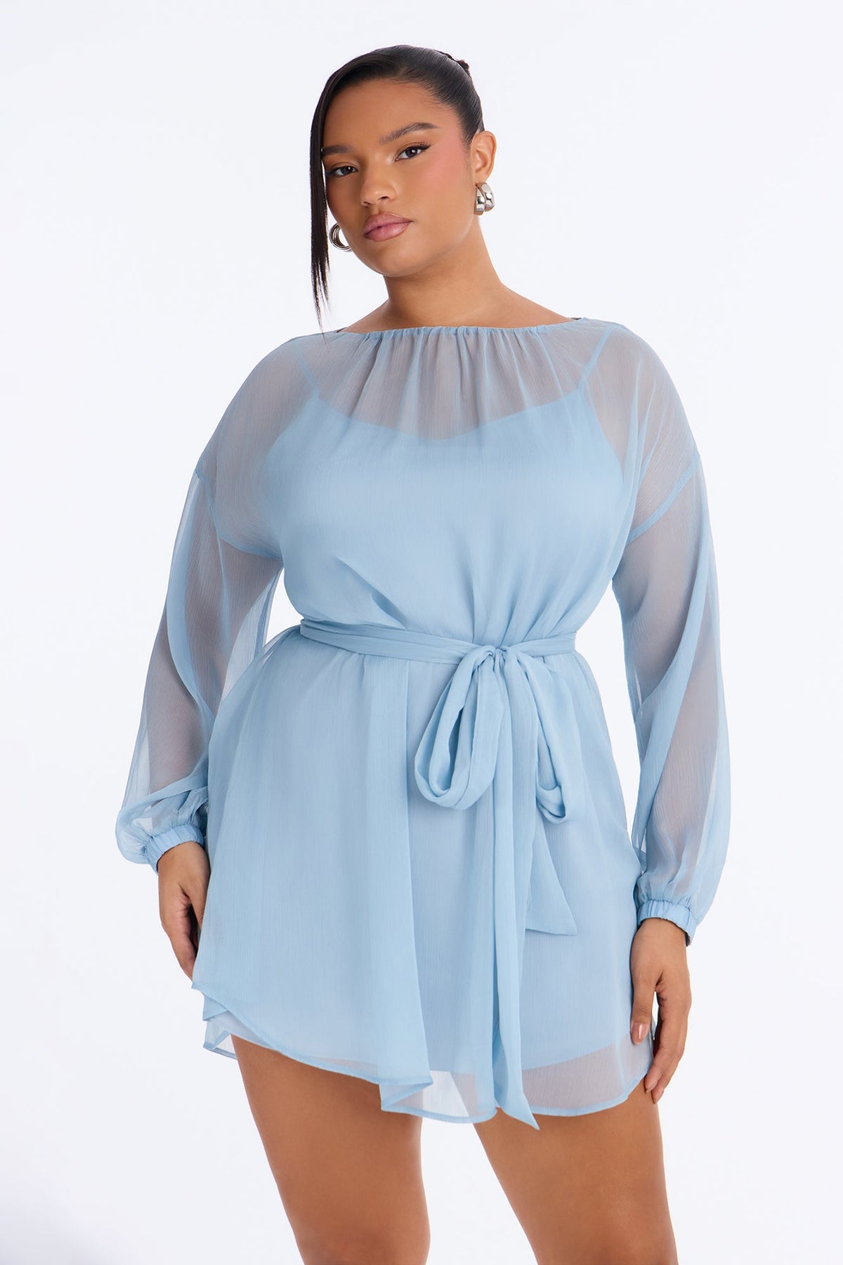 Ayla Long Sleeve Tie Front Chiffon Mini Dress - Dusty Blue