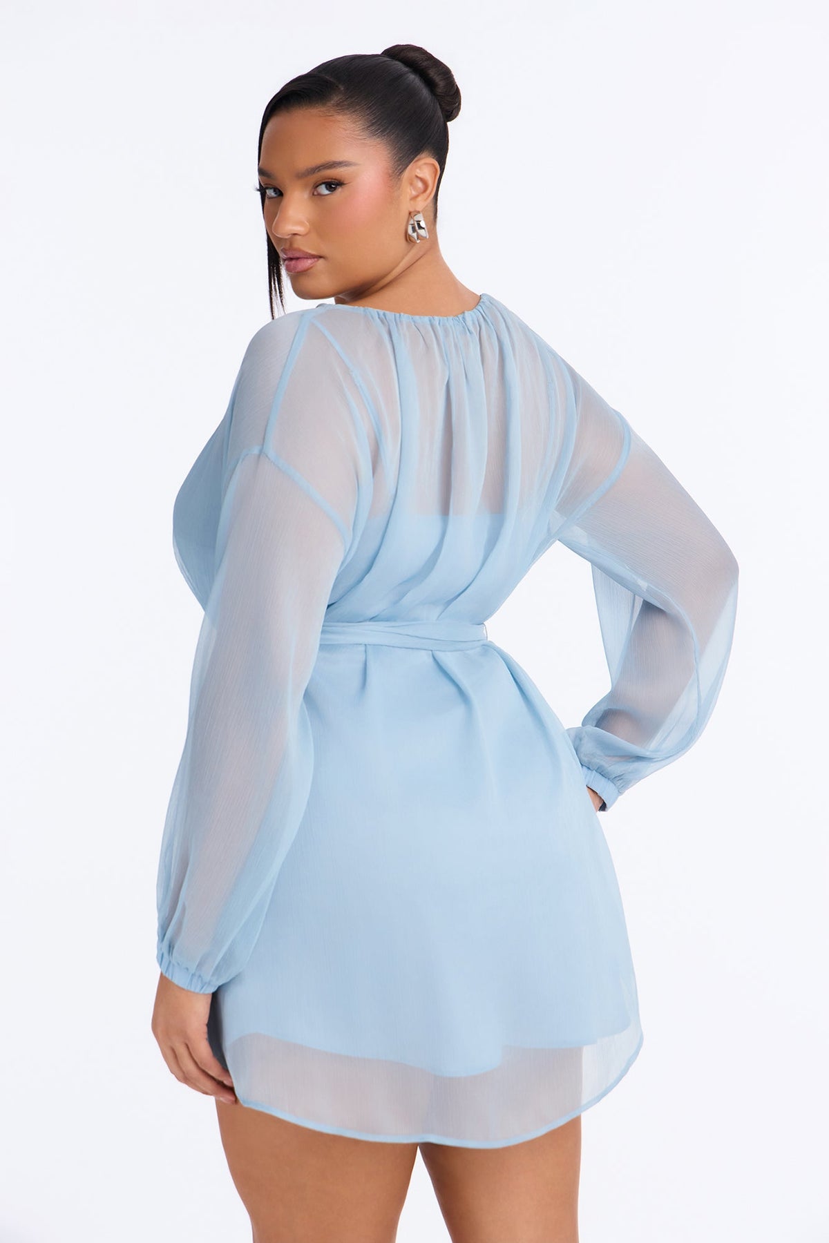 Ayla Long Sleeve Tie Front Chiffon Mini Dress - Dusty Blue