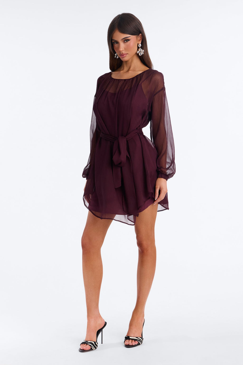 Ayla Long Sleeve Tie Front Chiffon Mini Dress - Plum