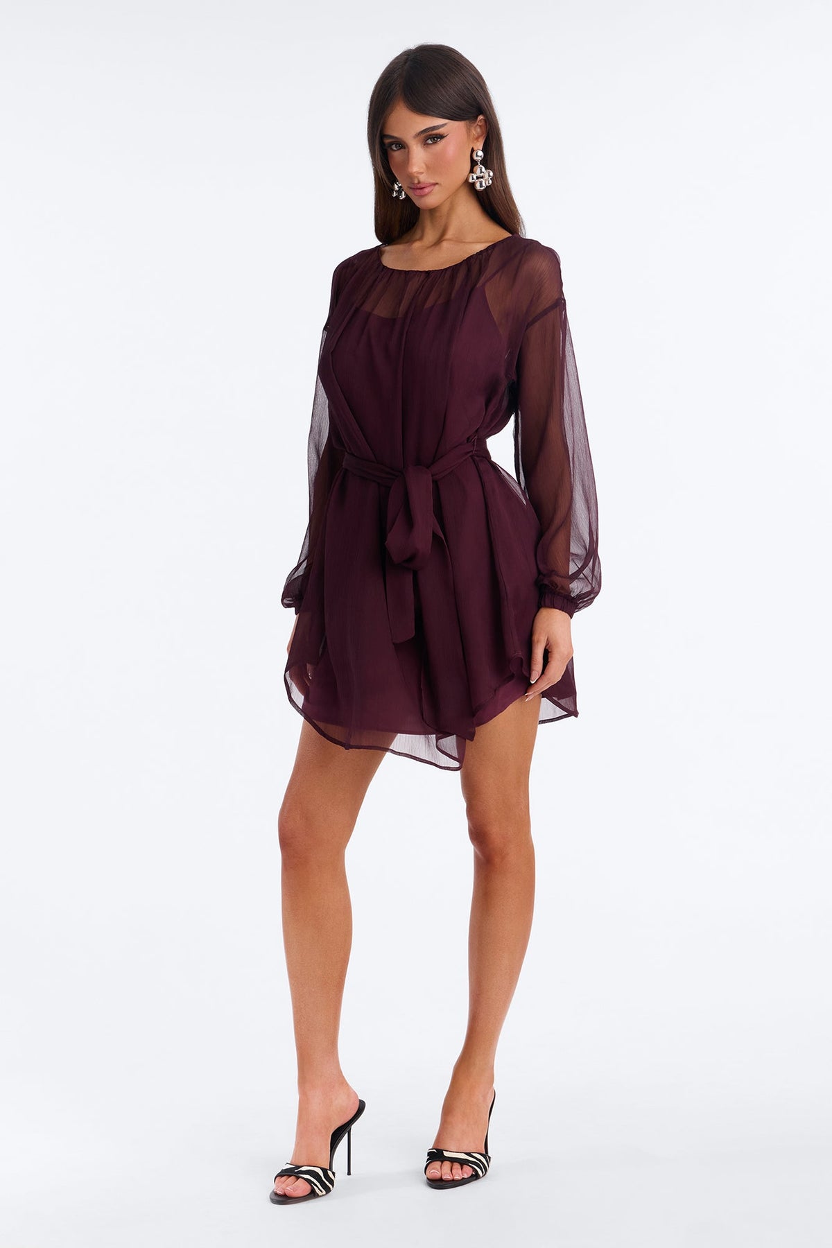 Ayla Long Sleeve Tie Front Chiffon Mini Dress - Plum