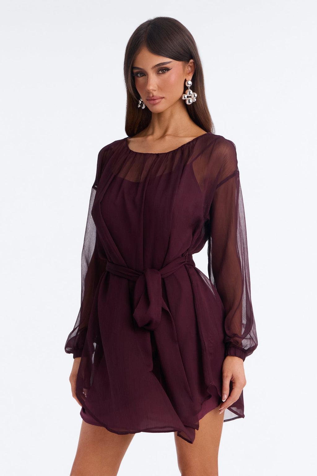 Ayla Long Sleeve Tie Front Chiffon Mini Dress - Plum