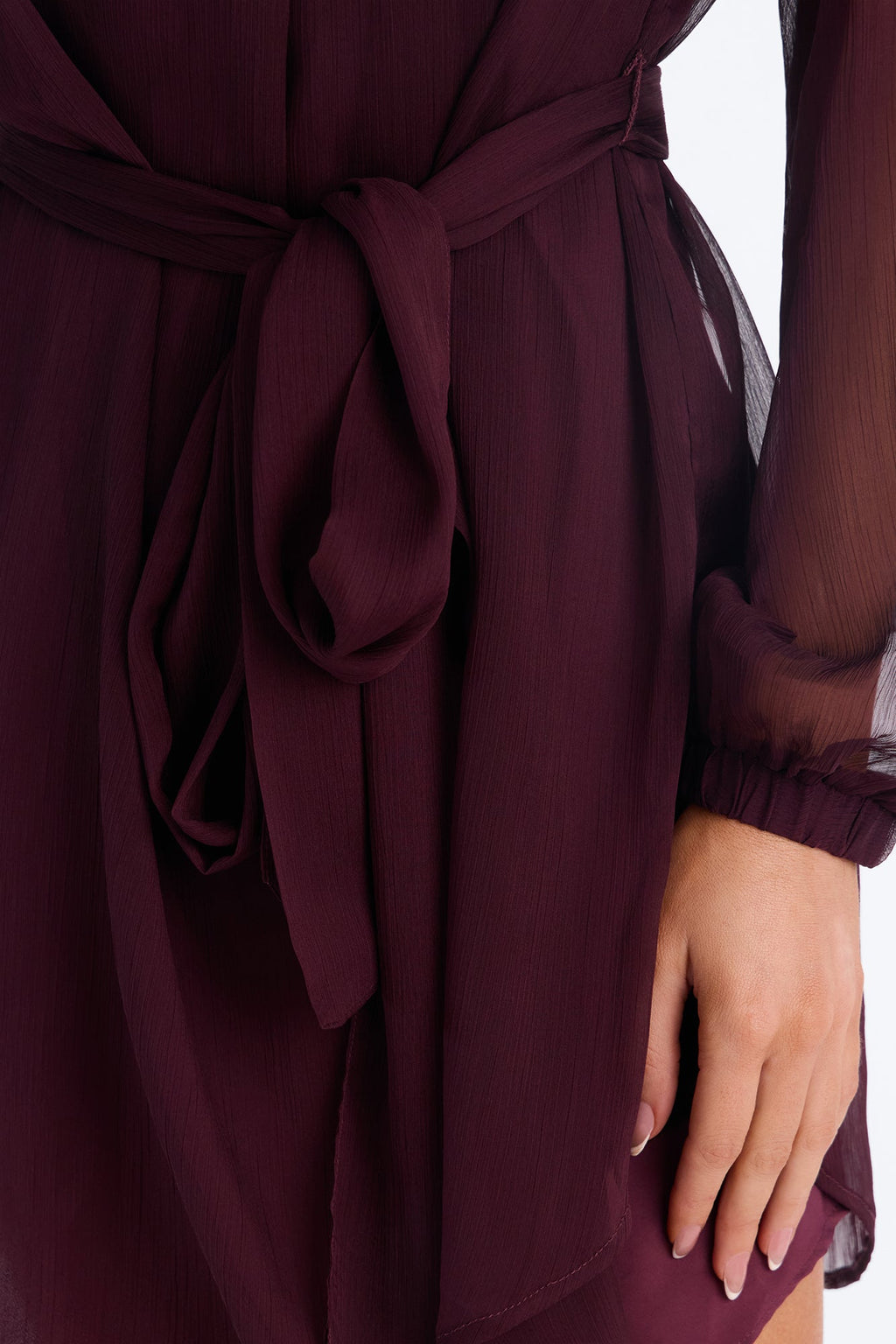 Ayla Long Sleeve Tie Front Chiffon Mini Dress - Plum