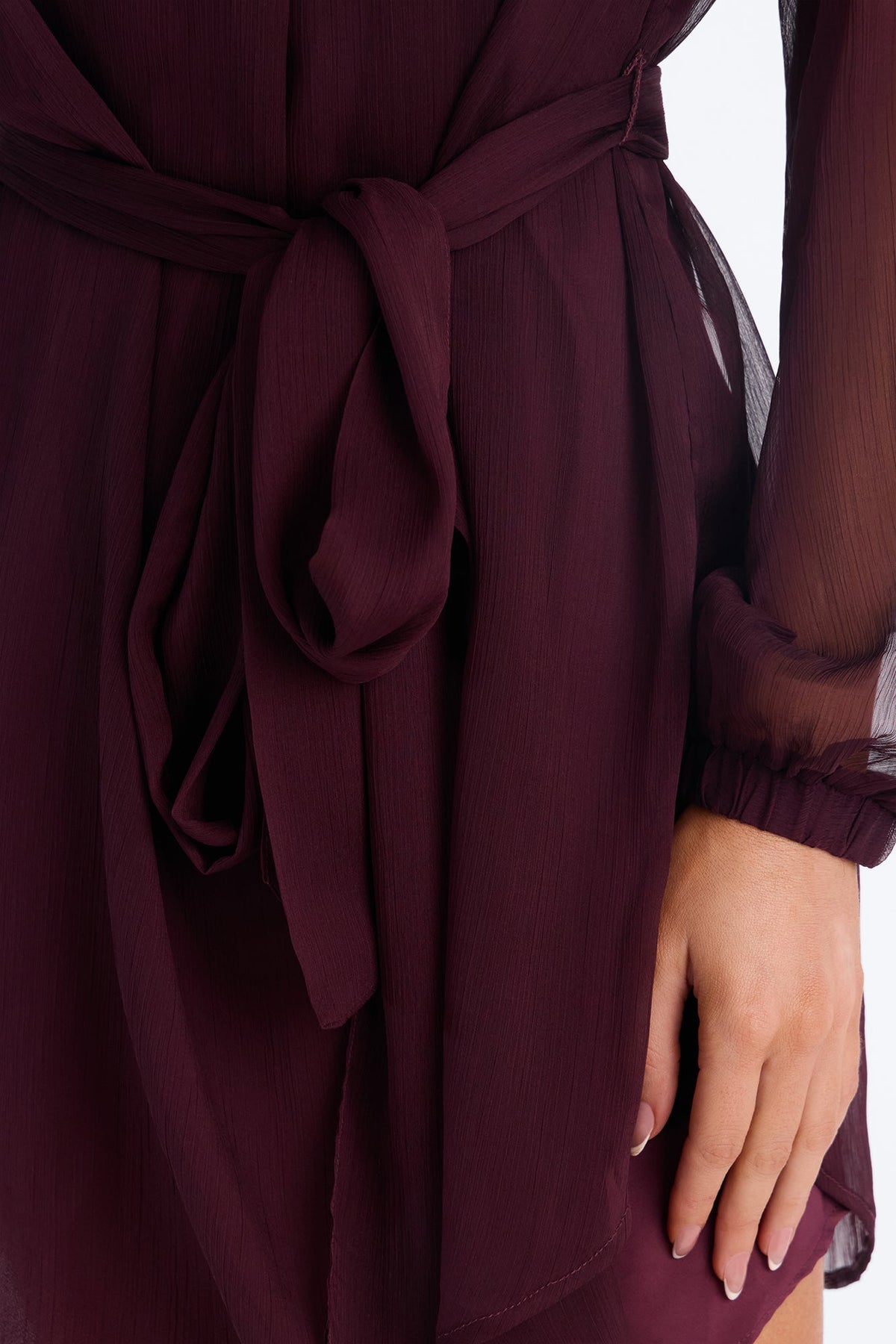 Ayla Long Sleeve Tie Front Chiffon Mini Dress - Plum