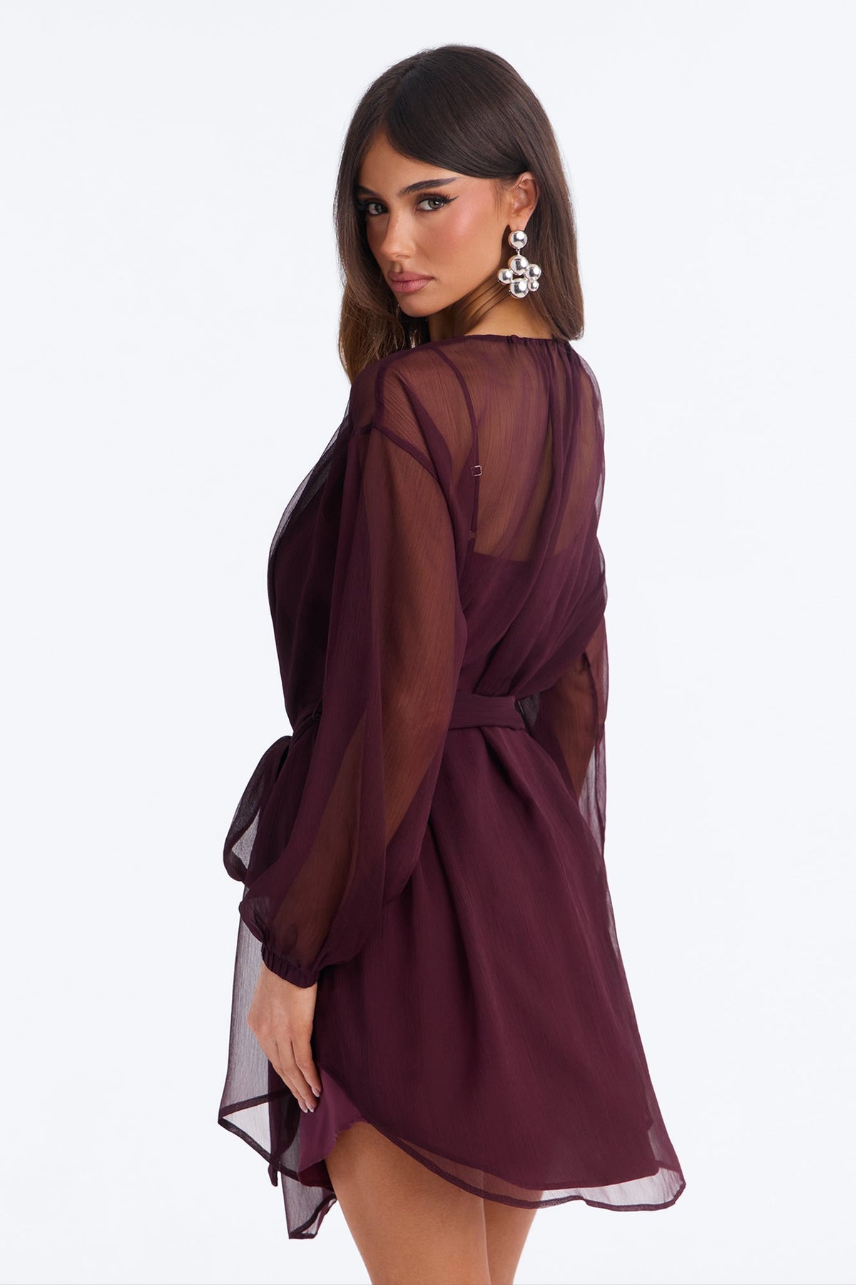 Ayla Long Sleeve Tie Front Chiffon Mini Dress - Plum