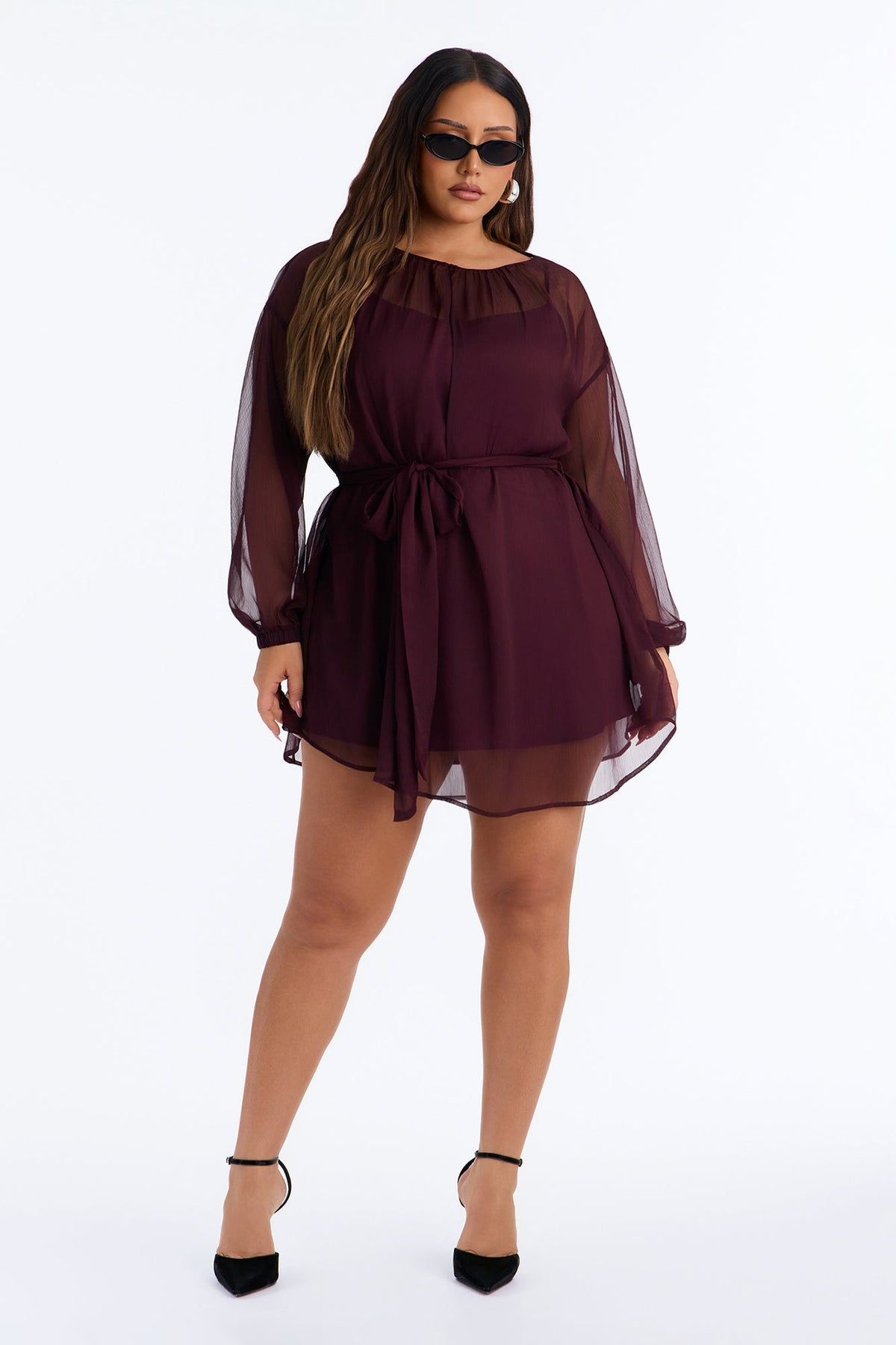 Ayla Long Sleeve Tie Front Chiffon Mini Dress - Plum