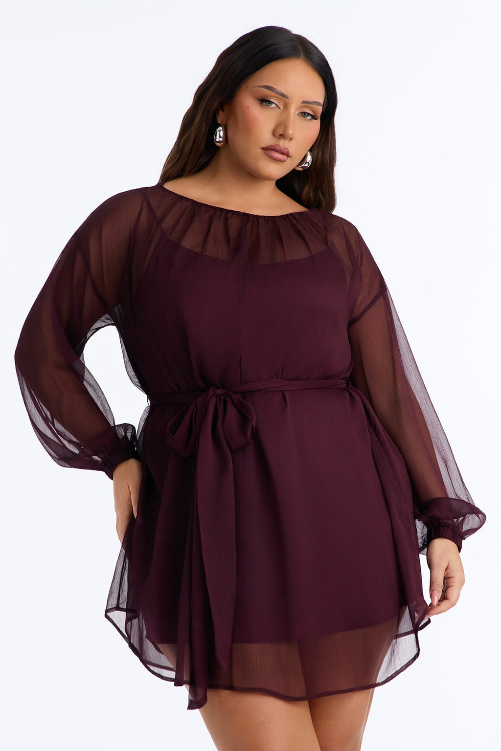 Ayla Long Sleeve Tie Front Chiffon Mini Dress - Plum