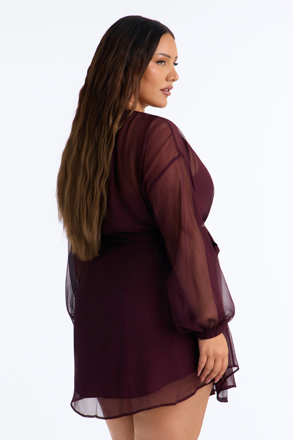Ayla Long Sleeve Tie Front Chiffon Mini Dress - Plum