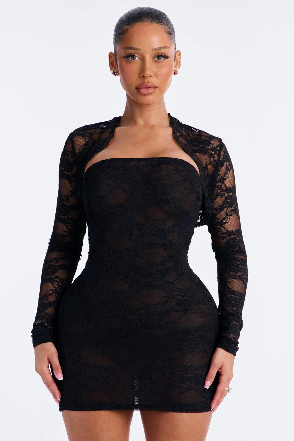 So Lovely Bolero Lace Micro Mini Dress Set - Black