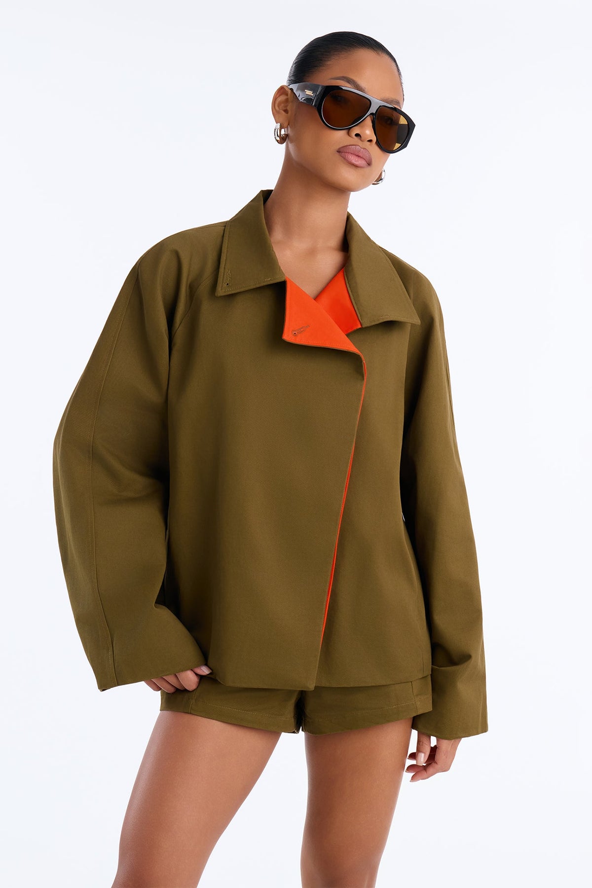 All About Contrast Mock Jacket And Short Set - Olive