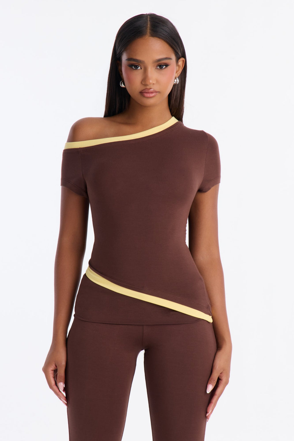 Coco Contrast Foldover Pant Set - Brown/combo