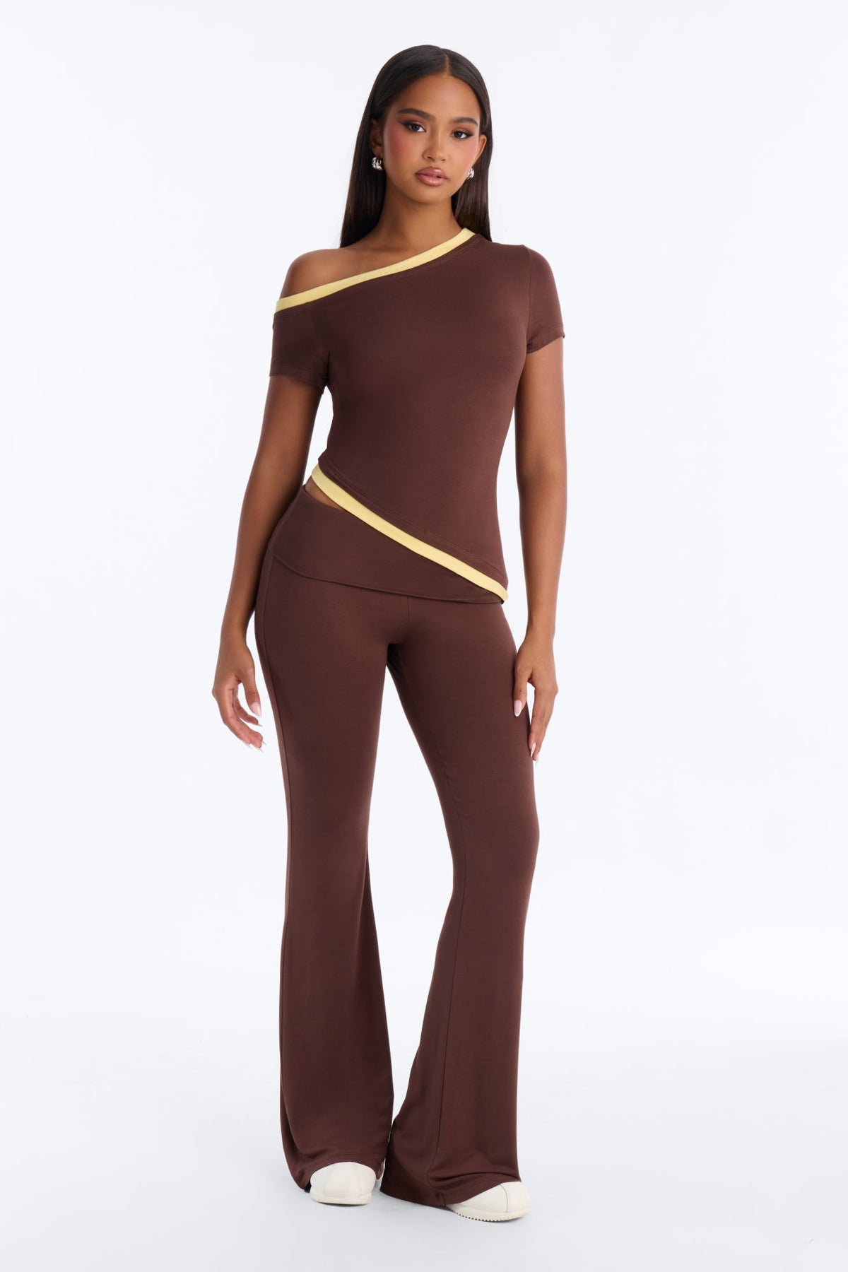 Coco Contrast Foldover Pant Set - Brown/combo