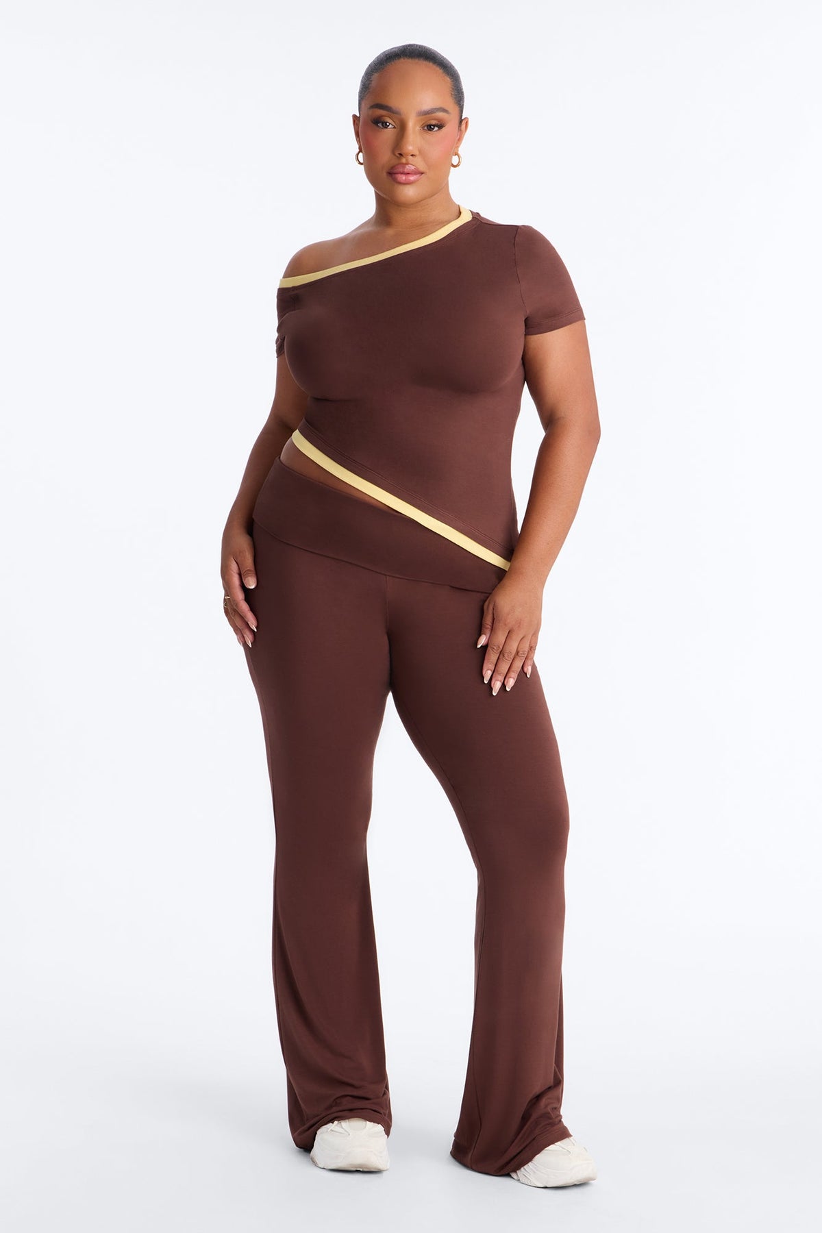 Coco Contrast Foldover Pant Set - Brown/combo